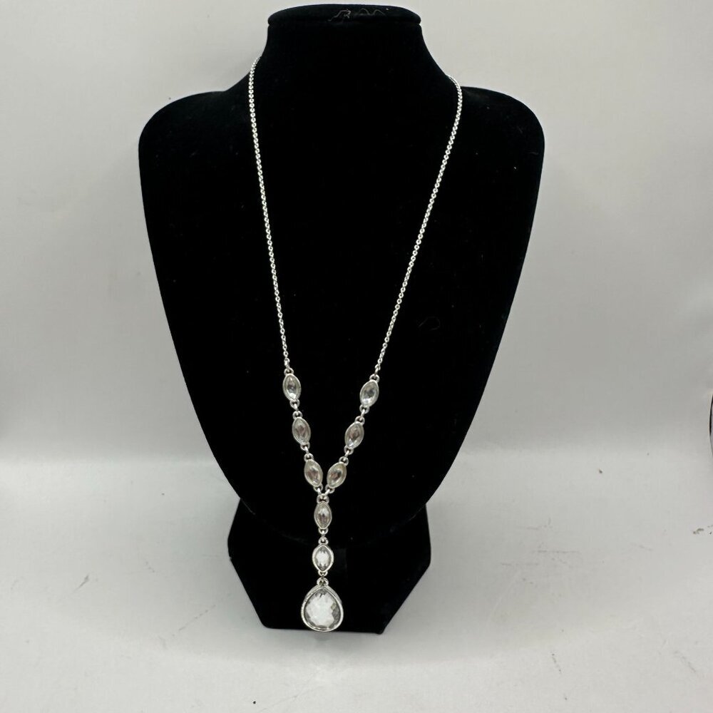 Silver Color Crystal Teardrop & Oval Pendant Necklace With Lobster Clasp Closure